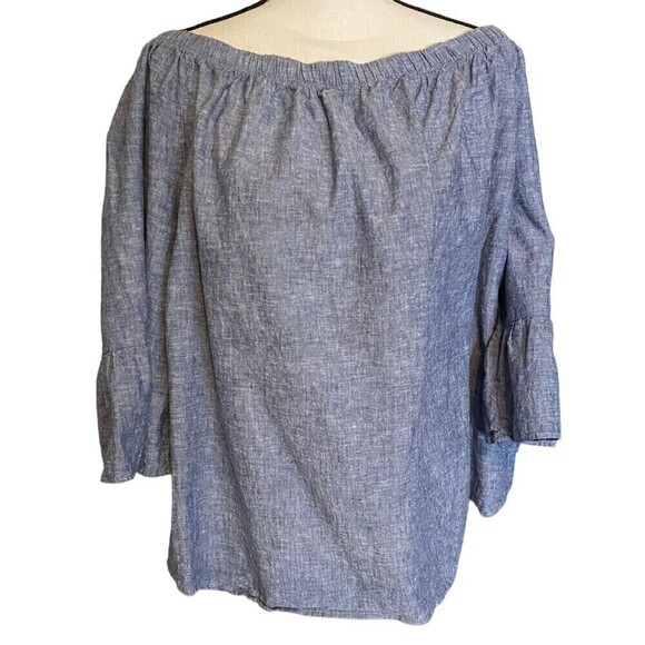 Ashley Stewart Top Size 22/24 Off Shoulder Chambray Cotton Linen Ruffle Sleeve - Picture 1 of 7